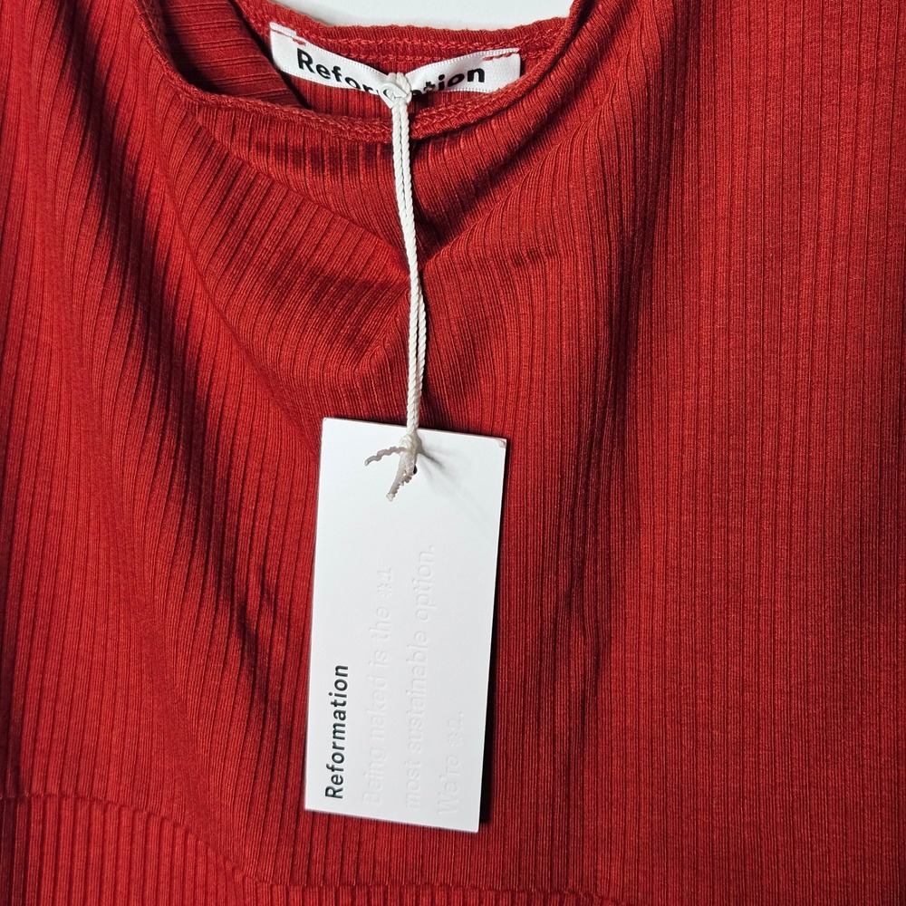 Reformation Cassi Midi Dress Terracotta Red Ribbed Knit Square Neck Slit Women M - Picture 2 of 5